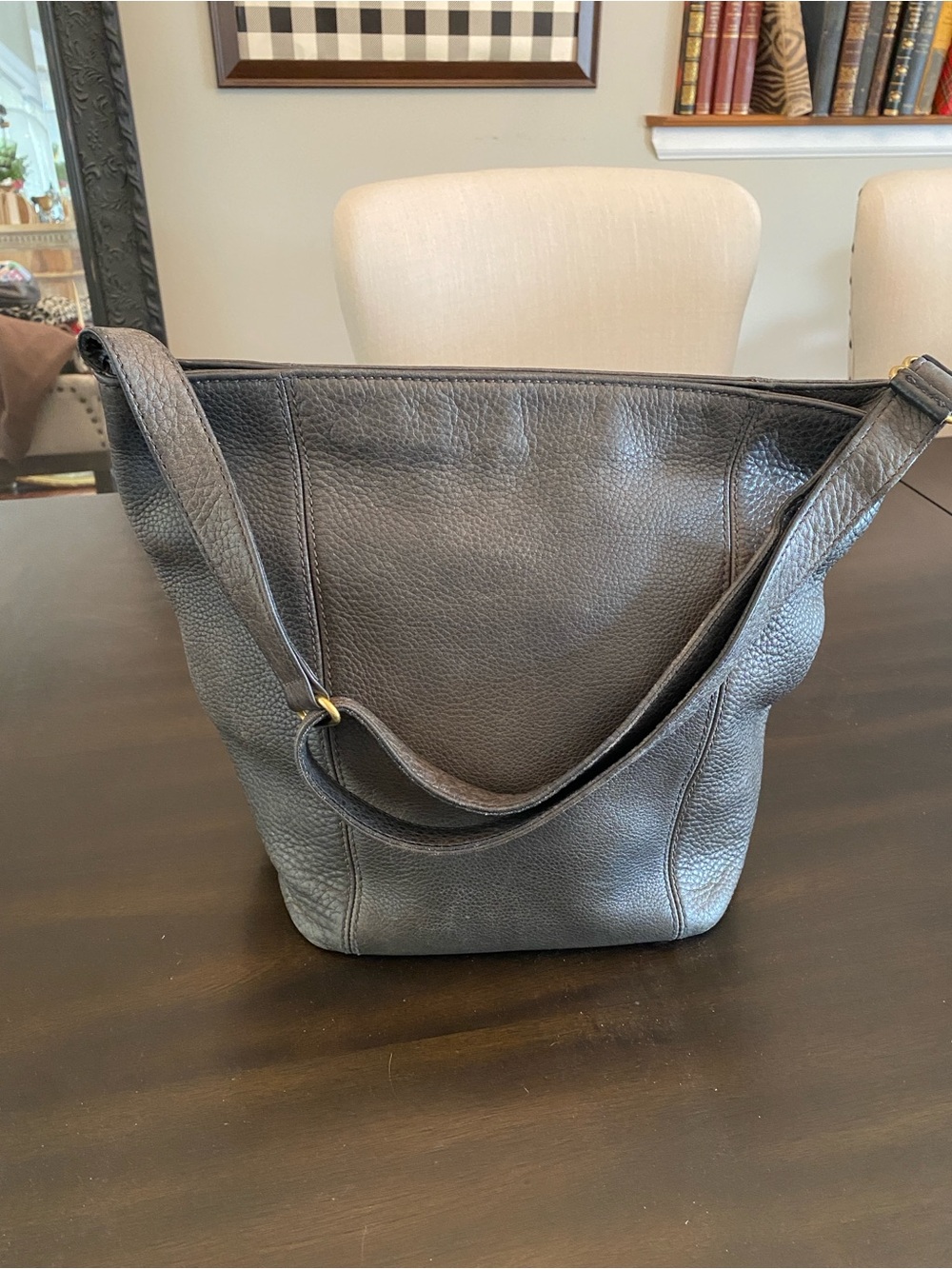 Coach Dark Grey weathered pebbled Leather adjustable strap. Good condition.
